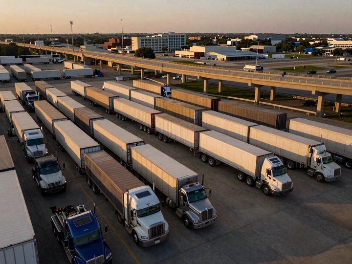 Atlanta skyline at golden hour with freight semi-trucks on I-75 below the downtown highrises showing southeast trucking hub atmosphere