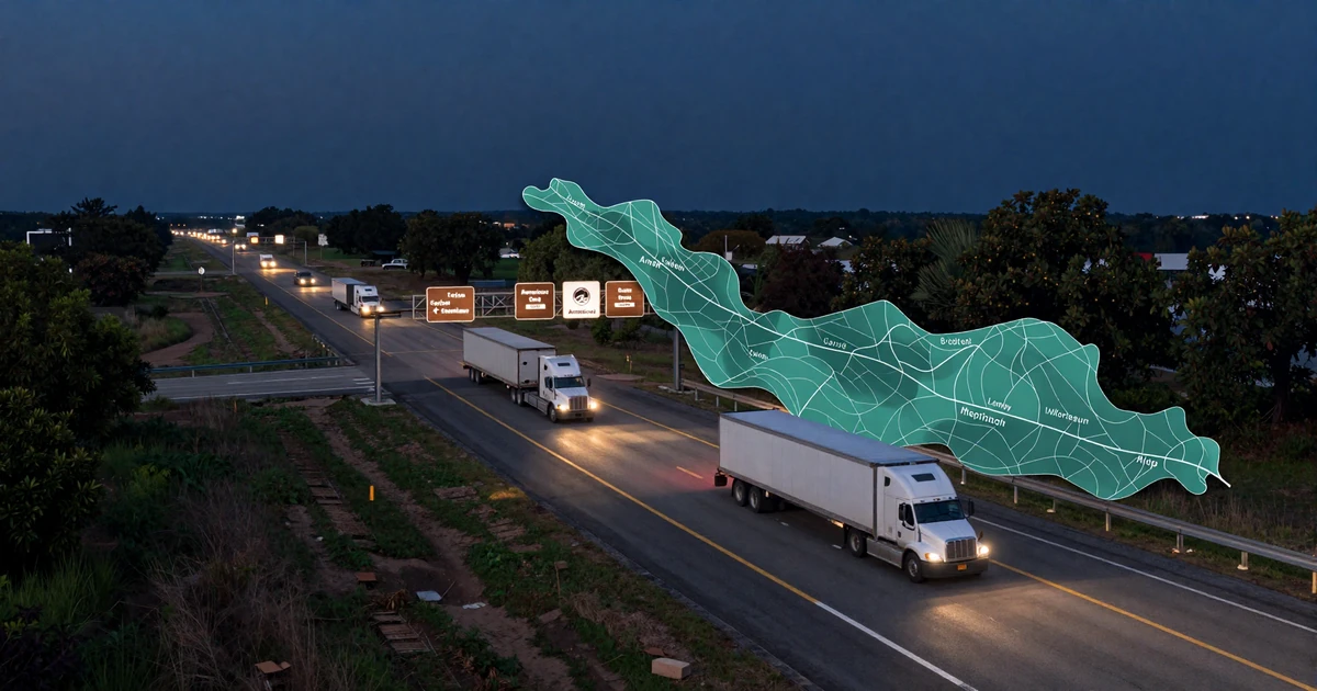 Aerial view of Atlanta I-285 perimeter interstate at twilight with truck convoys circling distribution centers in southeast freight hub