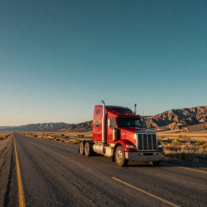 Red Peterbilt 18-wheeler driving into a golden Wyoming sunset on an empty highway